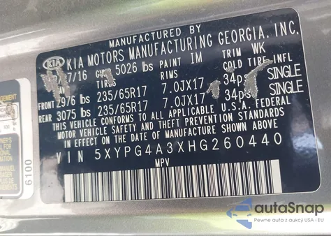 2017 Kia Sorento 2.4L L z USA, uszkodzony, nr VIN 5XYPG4A3XHG260440